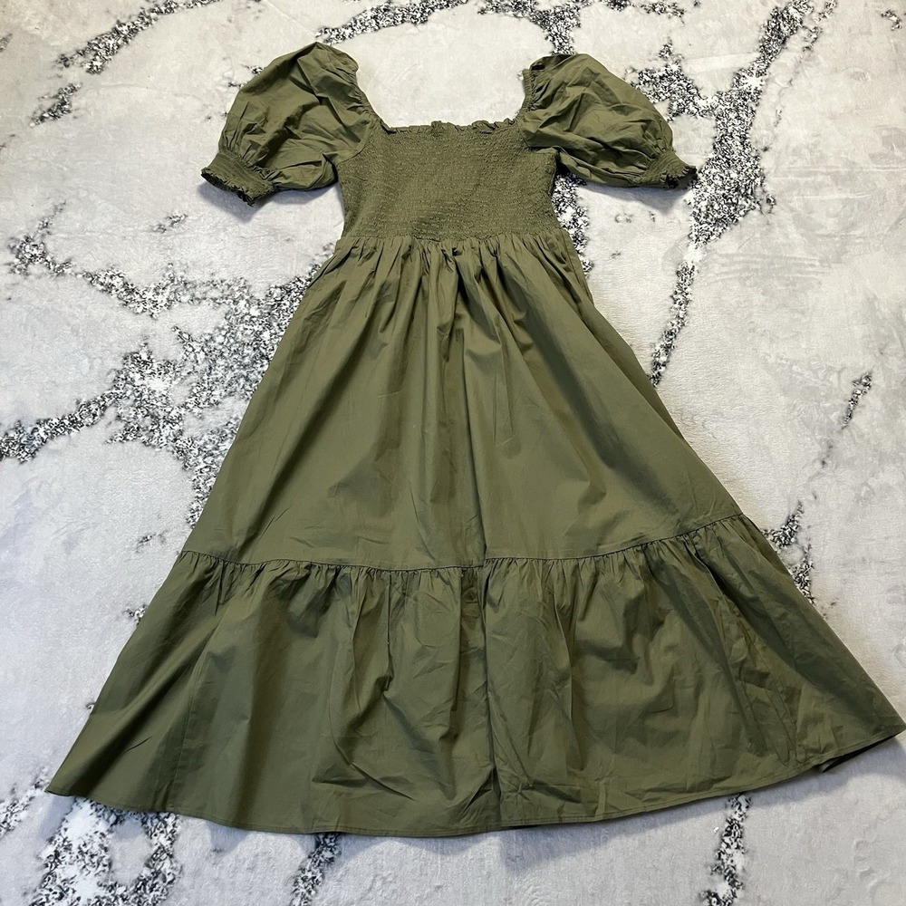 INC International Concepts Women's Size L Olive Smocked Puff Sleeve Midi Dress